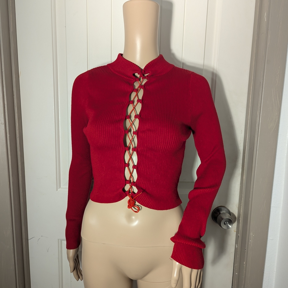 Red Ribbed Long Sleeve Top - Picture 9 of 9